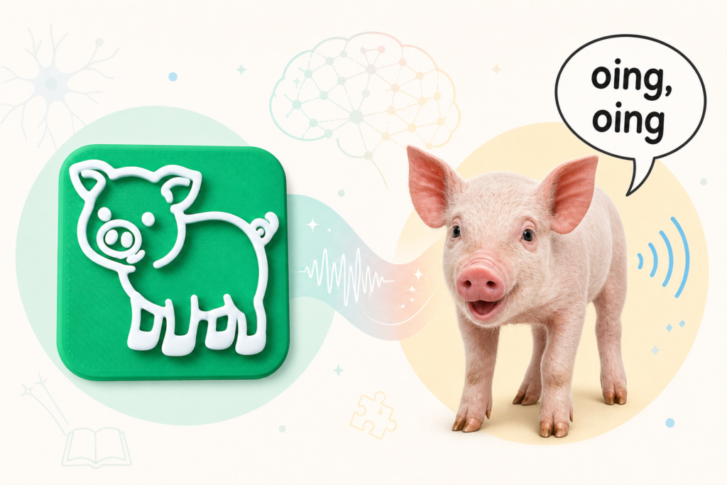 Ficha verde con el pictograma de un cerdo junto a la imagen de un cerdito real y un bocadillo con el texto “oing, oing”, representando la asociación entre símbolo, realidad y sonido.