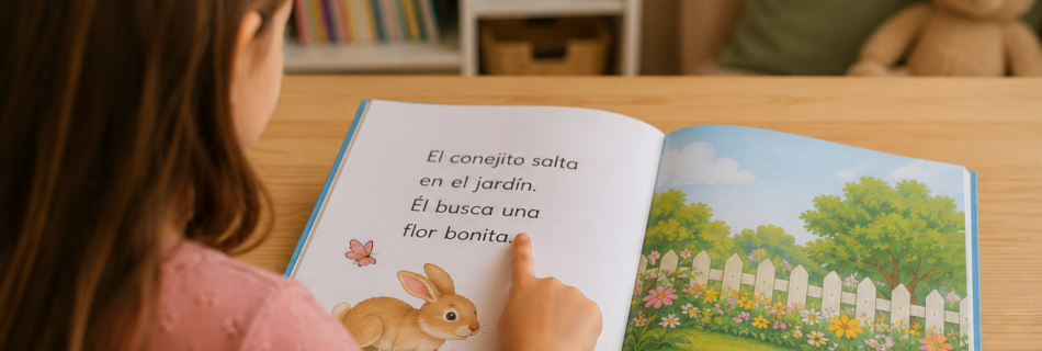 Niña desarrollando la conciencia de lo escrito al señalar una palabra en un cuento infantil