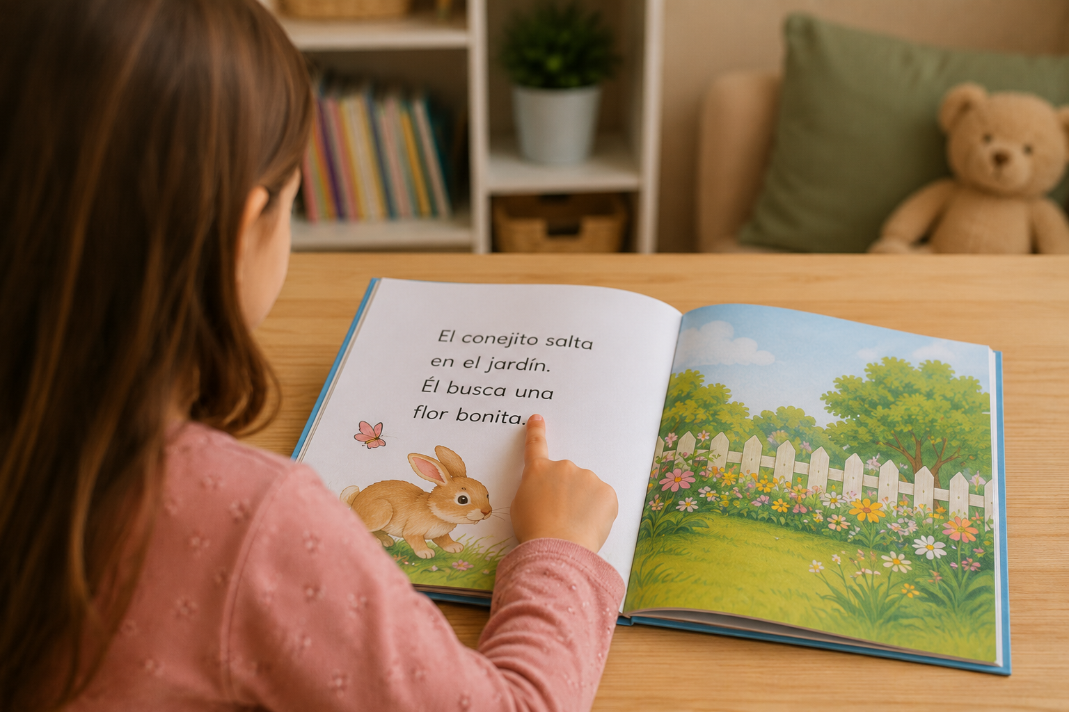 Niña desarrollando la conciencia de lo escrito al señalar una palabra en un cuento infantil