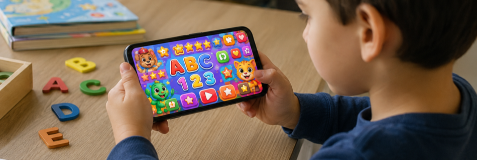 Niño usando una app educativa en el móvil con una interfaz muy colorida