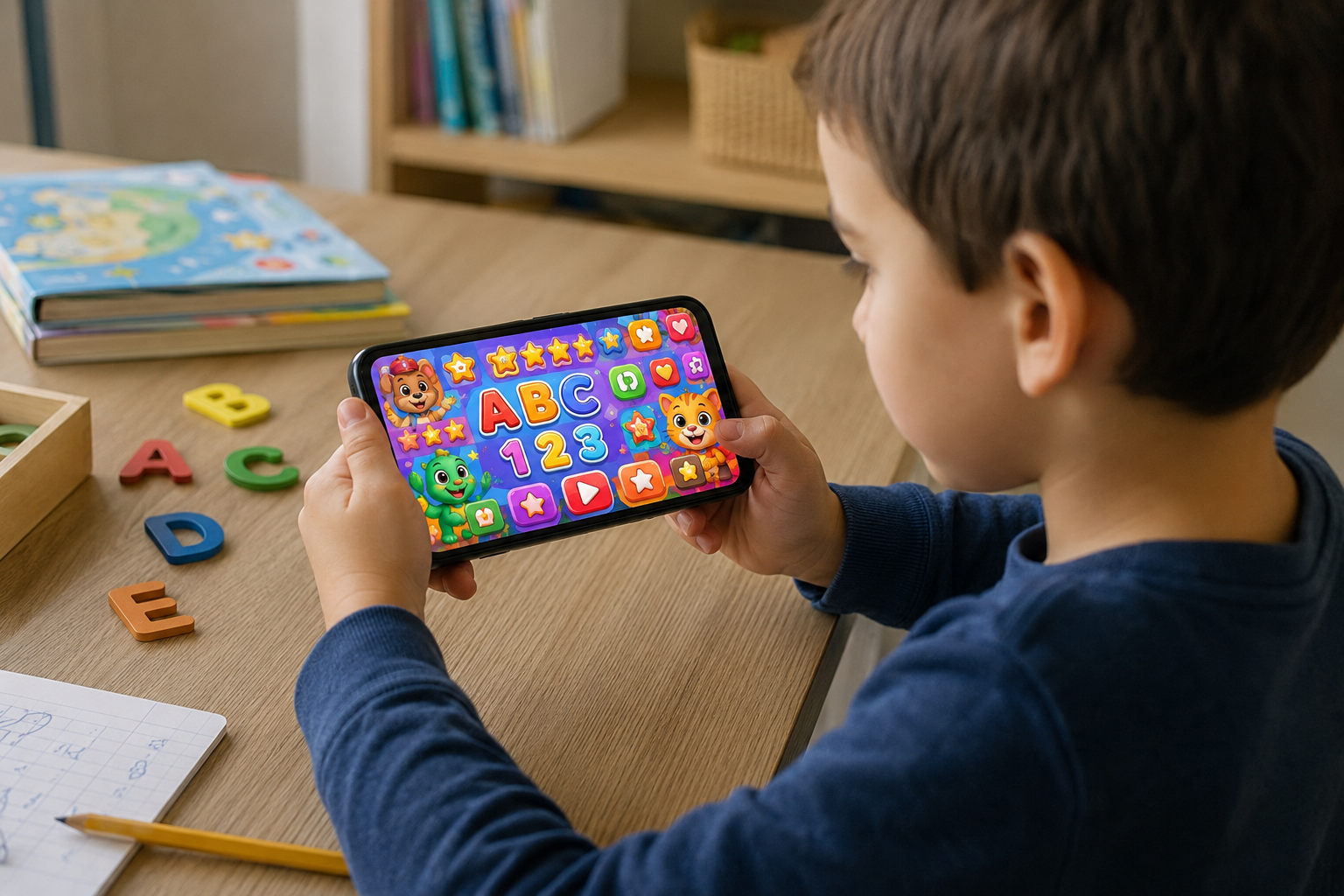 Niño usando una app educativa en el móvil con una interfaz muy colorida