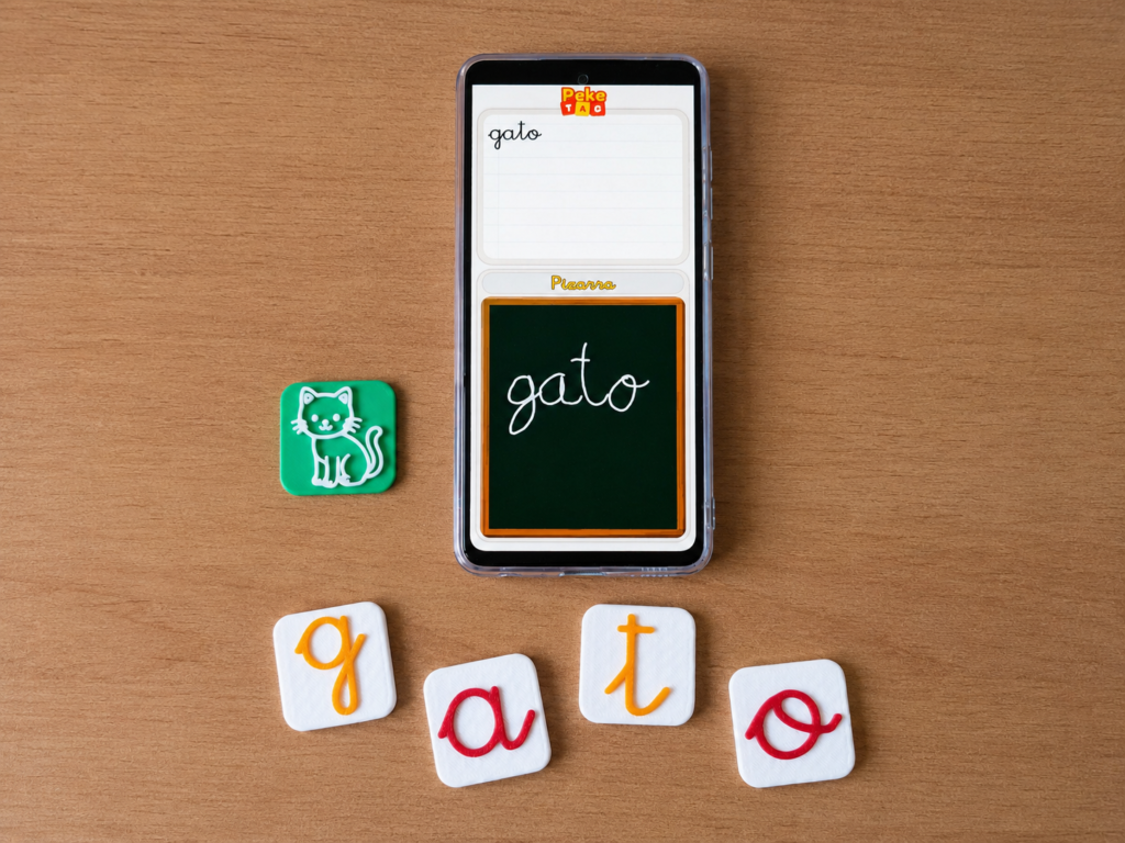 Fichas de letras y pictograma de gato junto a la app PekeTAC