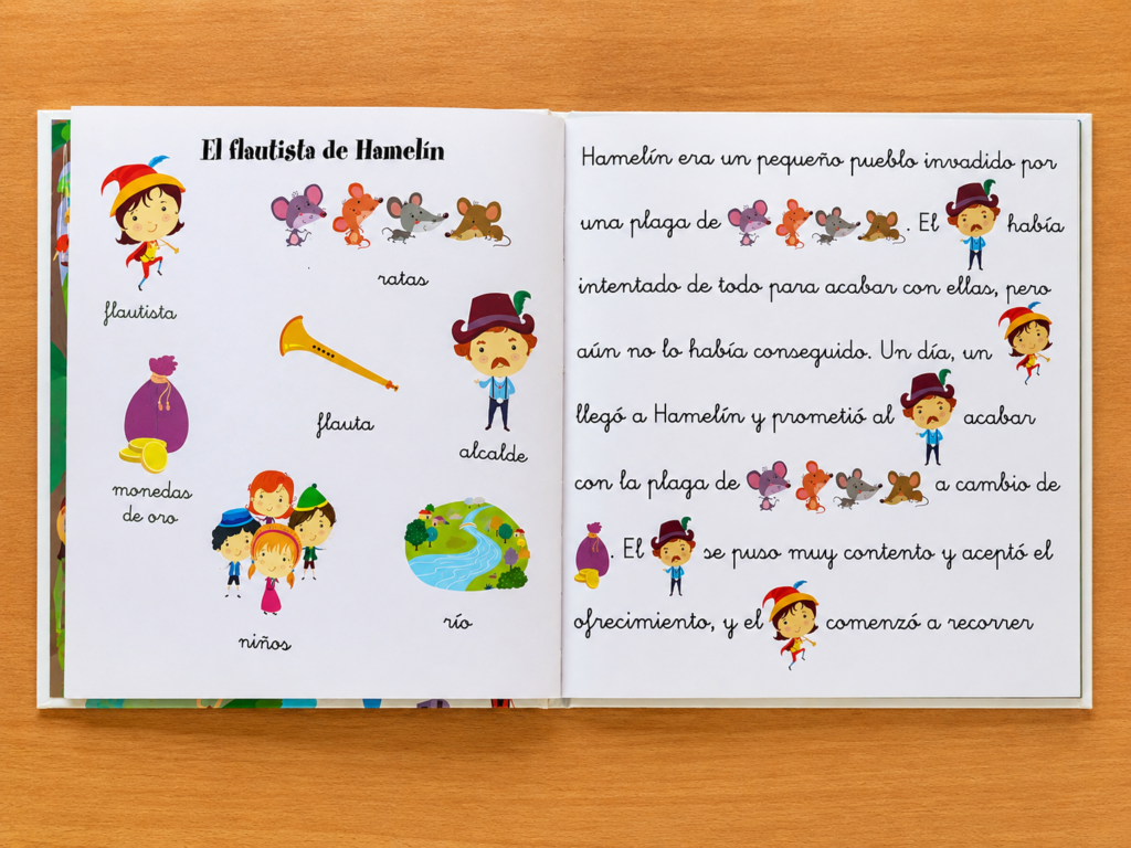 Cuento infantil en español con palabras e ilustraciones para apoyar la conciencia de lo escrito