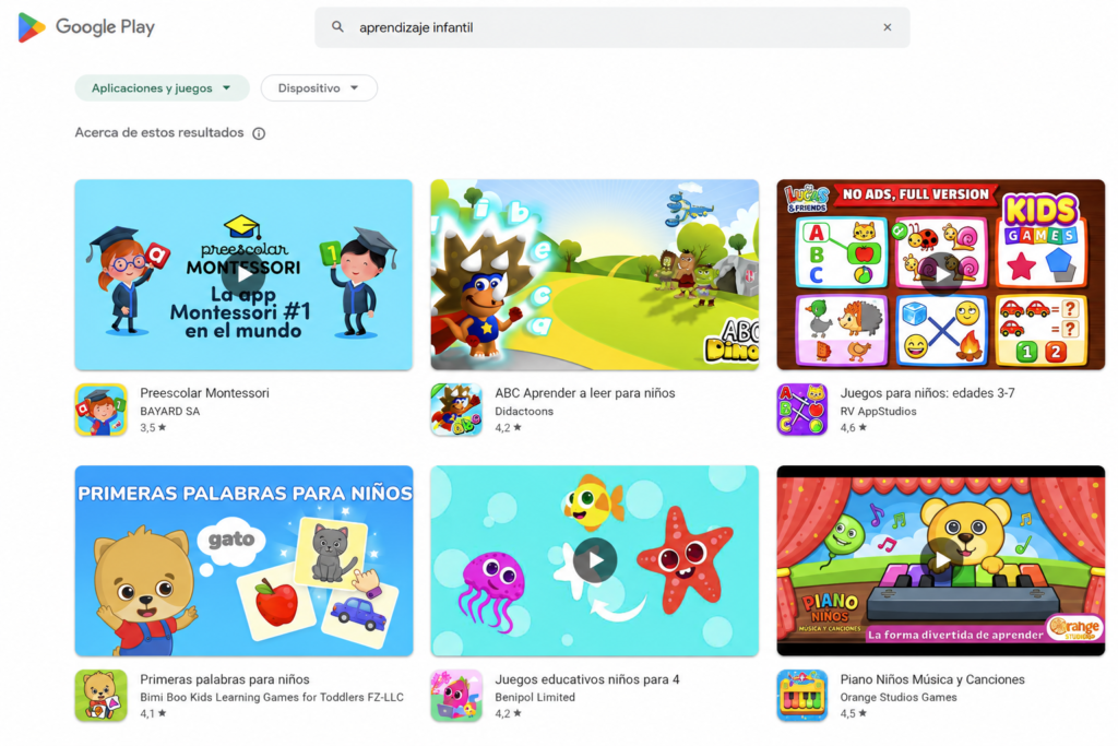 Resultados de Google Play con apps educativas para aprendizaje infantil